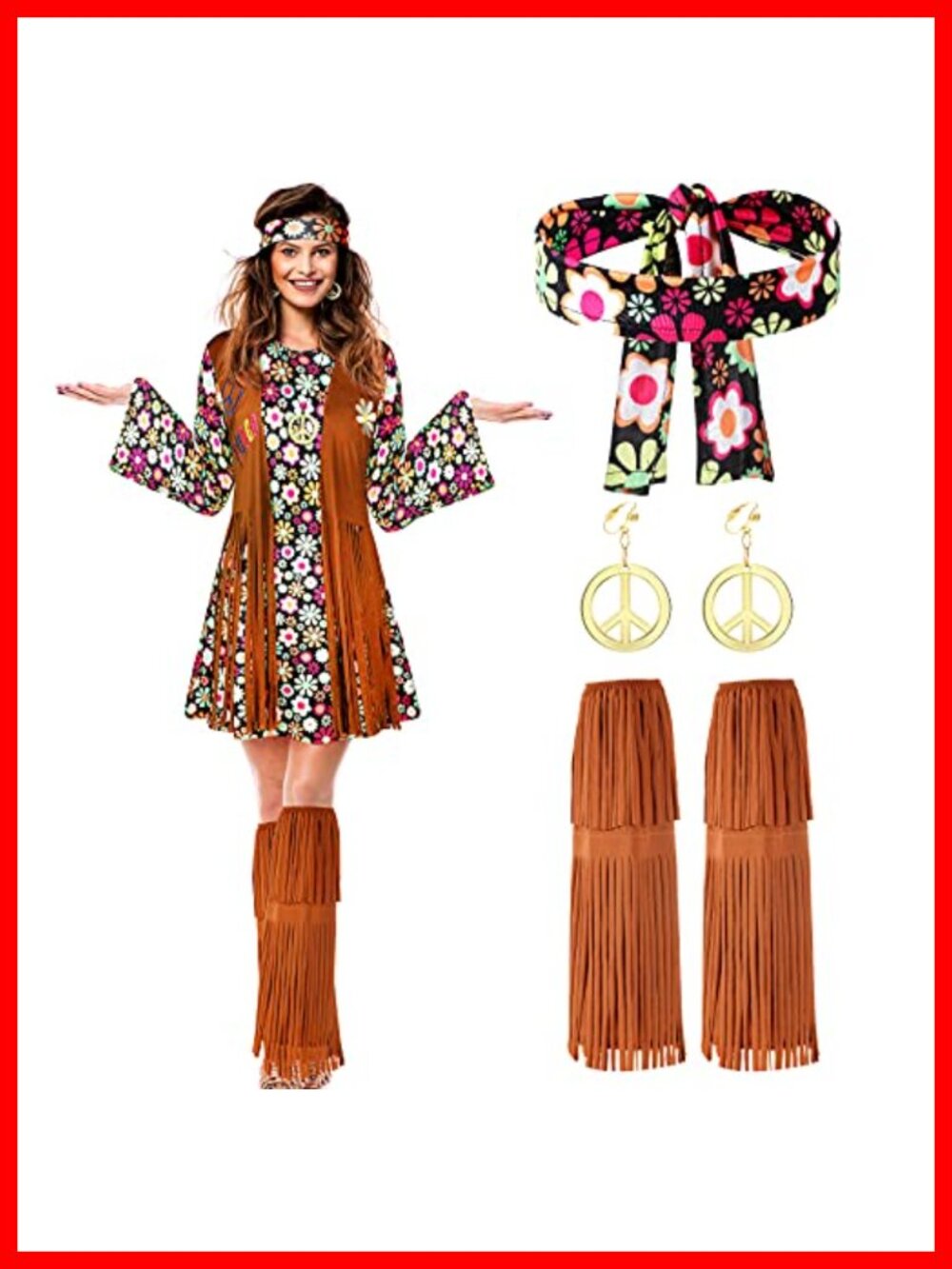 70s Hippie Halloween Costume Set Dress Peace Earrings Necklace Headband Socks